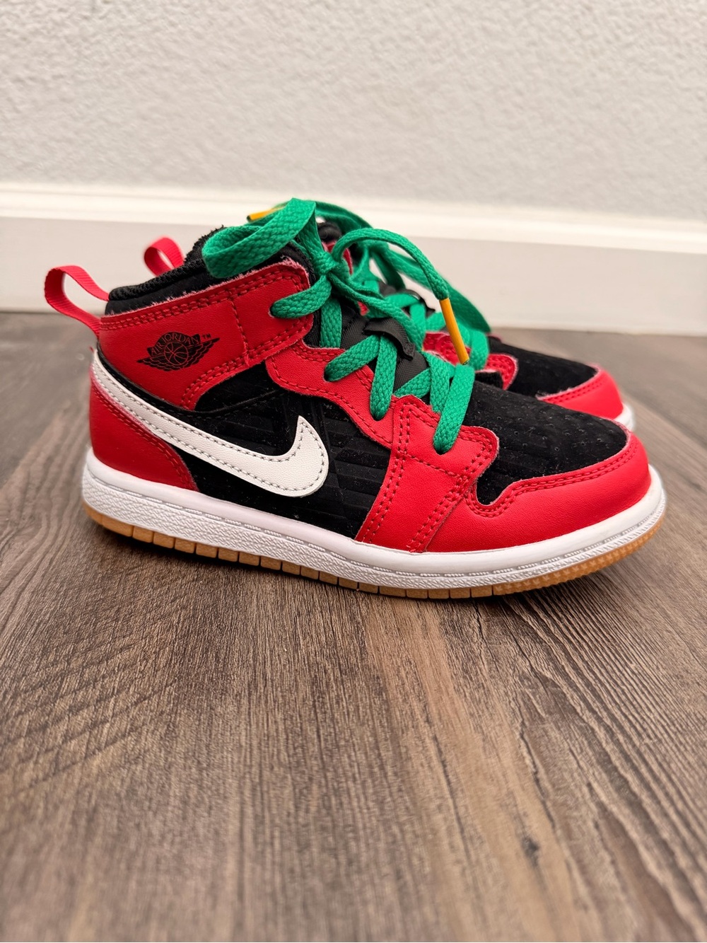 Nike Kids' Red & Black High-Top Sneakers with White Swoosh and Green Laces